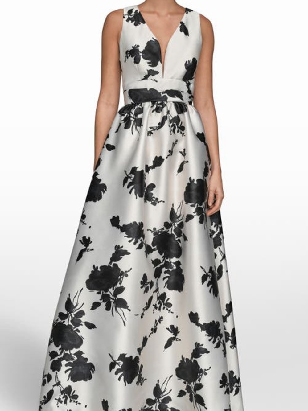 Donna Karan New York Elegant Black & White Floral V-Neck Evening Gown